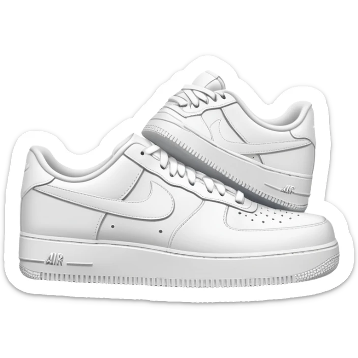 A pair of all-white Nike Air Force 1 sneakers positioned with one behind the other, clean white leather, classic AF1 silhouette, chunky sole sticker