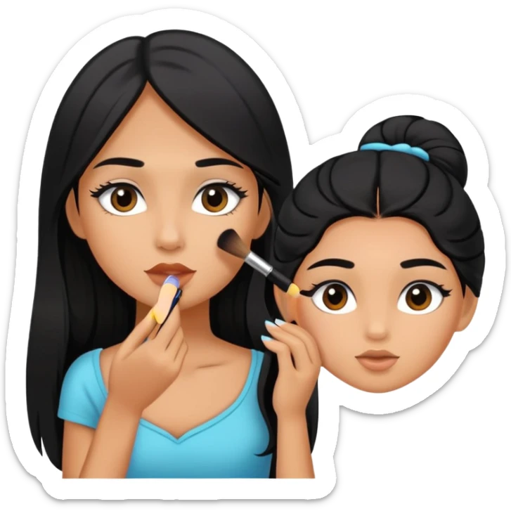 Girly girl young, cute girl, tanned long black hair, putting on makeup sticker