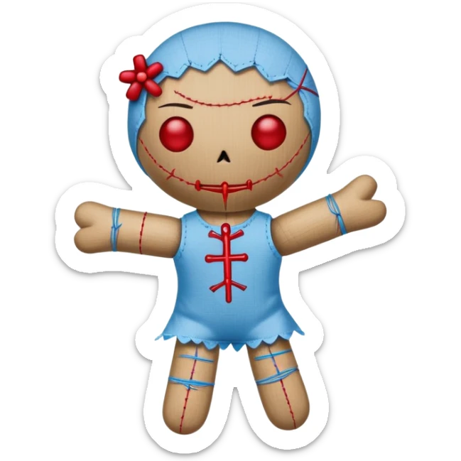 A voodoo doll made of fabric with Carolina blue (light blue) body and red stitches, with pins stuck in it sticker