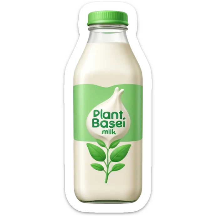 A 3D cartoon bottle of plant-based milk identical to dairy milk, small green tint or leaf mark, Memoji-style. sticker