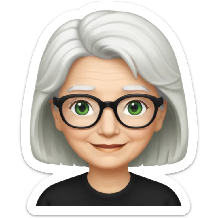 White hair grandma, green eyes, hair to shoulder, lokeg black glasses, rectangles face, smile , sticker
