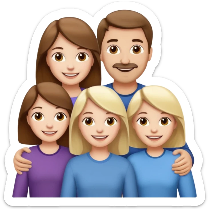 happy pale white  four person family with one brown hair dad, one brown hair mom, one blonde girl, and one brown hair girl sticker