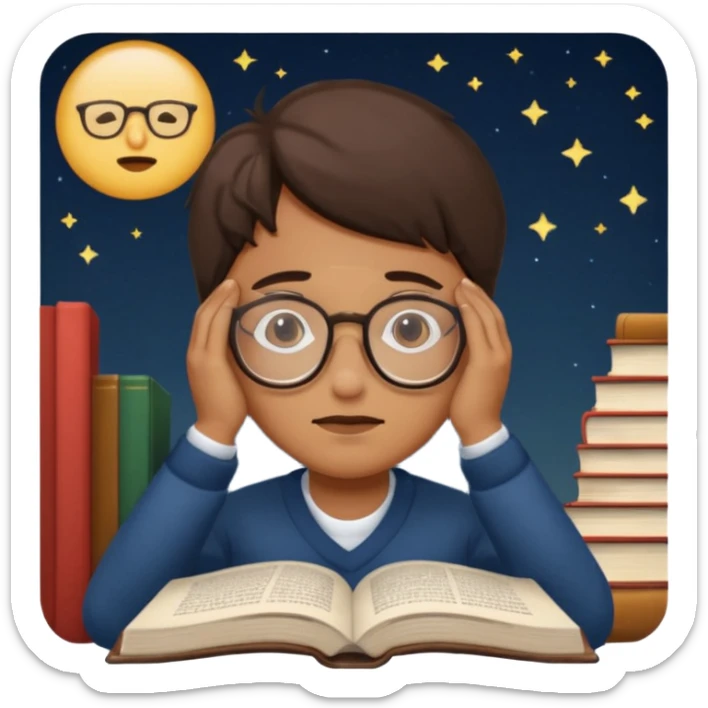 a tired person infront of a book learning in the middle of the night sticker