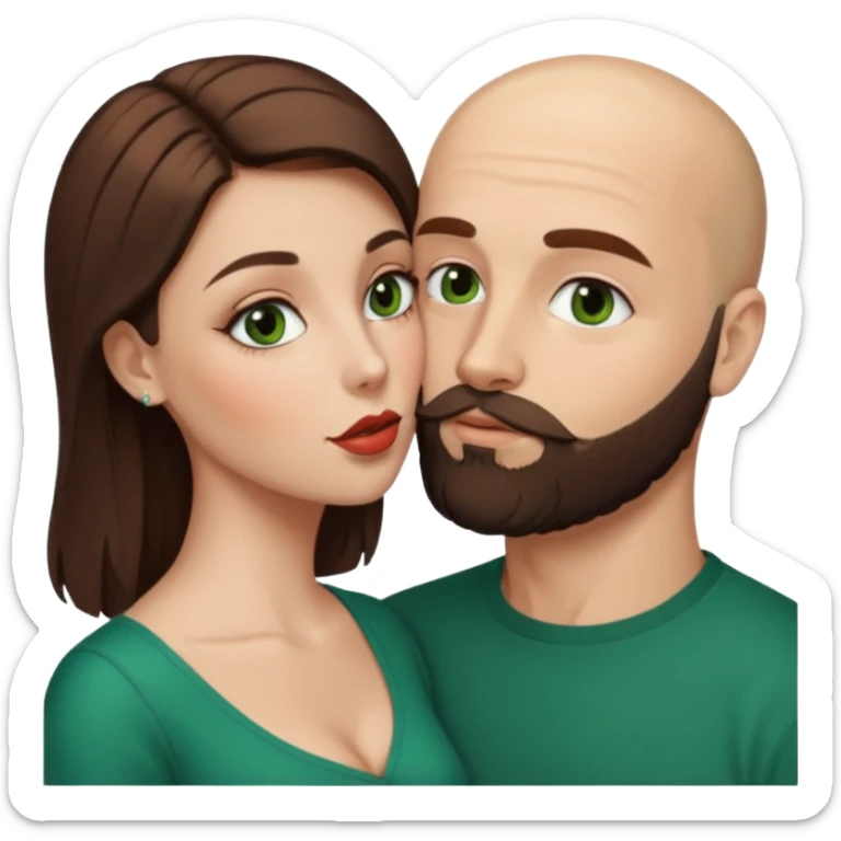 Man beard bald white dark green eyes, woman medium hair brown brown eyed latina kissing sticker