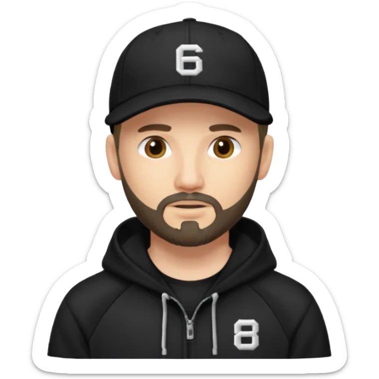 Hombre con la cara borrosa, con barba fina y perilla, gorra negra de baseball bordada con un 08, y sudadera negra sticker