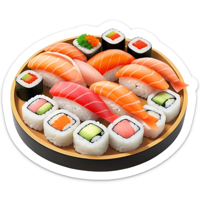 Cinematic Realistic Sushi Dish Emoji, depicted as an artful arrangement of fresh sushi with vibrant colors rendered with lifelike textures and delicate, natural lighting. sticker