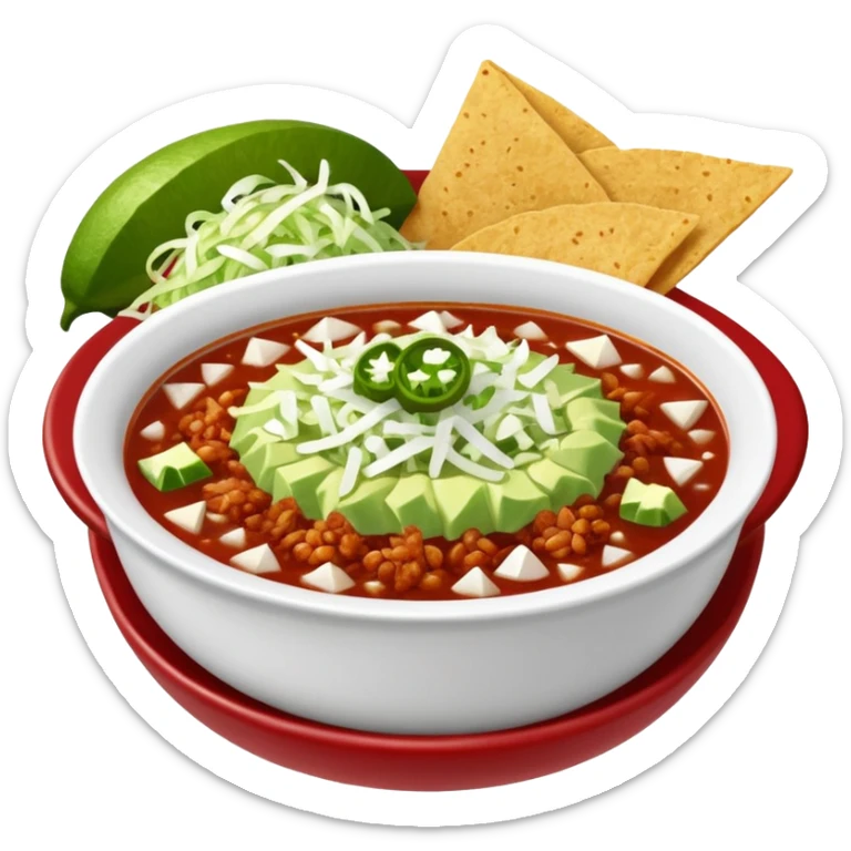 A delicious hot bowl of pozole rojo with separate sides: white chopped onions, green shredded cabbage, lime wedges, red chile de arbol salsa, and tostadas sticker