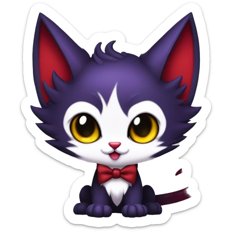 Cute-Evil-Vampiric-Batty-Cat-Black-Purple-Red-Yellow-Contrast-Colors-Fantasy-Fur-Sona-Chibi-Shiny-Fakémon-Hybrid with horns and big fangs neck bow white tie leg spats full body sticker