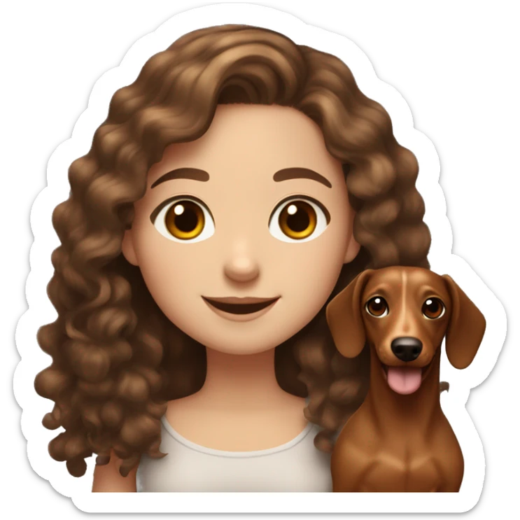 White girl long curly brown hair smiling and brown eyes with long eyelashes and holding a dachshund  in her arms sticker