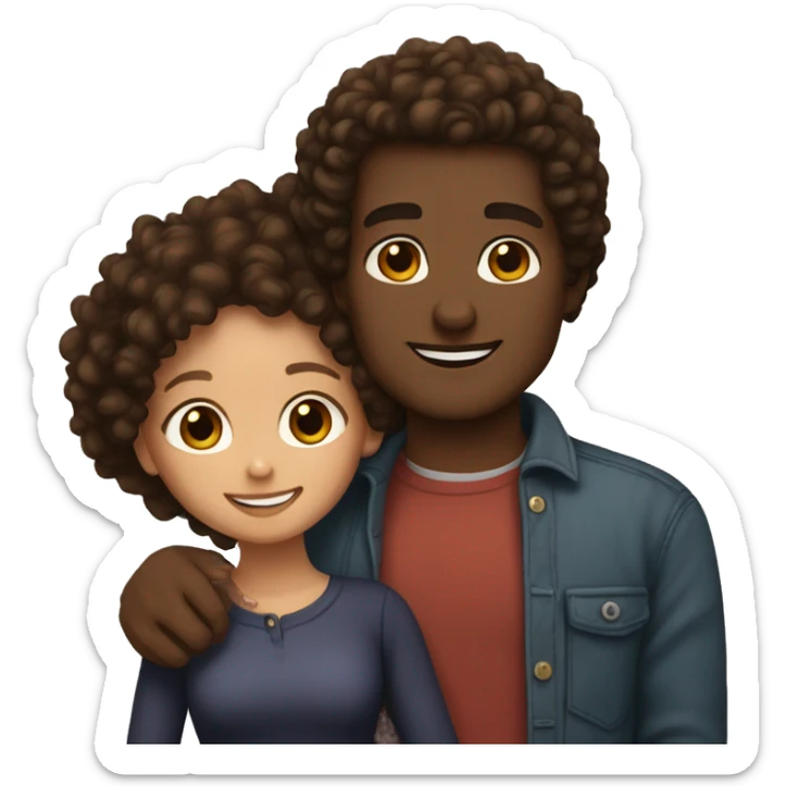 light skin woman with brown curly hair and brown skin man with curly black hair hugging sticker