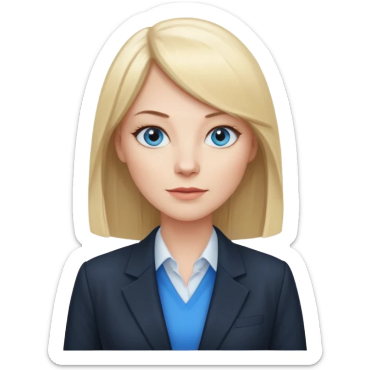40 yr old white woman, pale skin, long straight blond hair parted in center, blue eyes, bangs, dress clothes for work sticker
