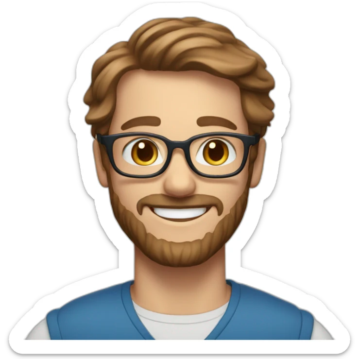 a Scandinavian man with blue eyes long brown hair a beard red glasses and a big smile sticker