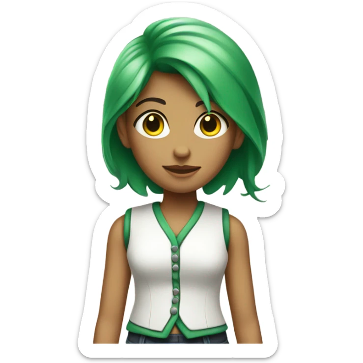 A girl with green hair and has a white vest and has boy green hair but is a girl sticker
