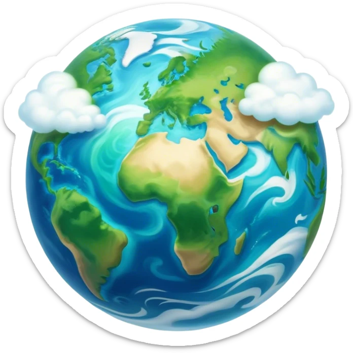 Cinematic Realistic Earth Emoji, depicted with vibrant blue oceans, swirling white clouds, and lush green continents rendered in exquisite detail, high shine, and a soft radiant glow that captures the dynamic, life-sustaining beauty of our home planet. sticker