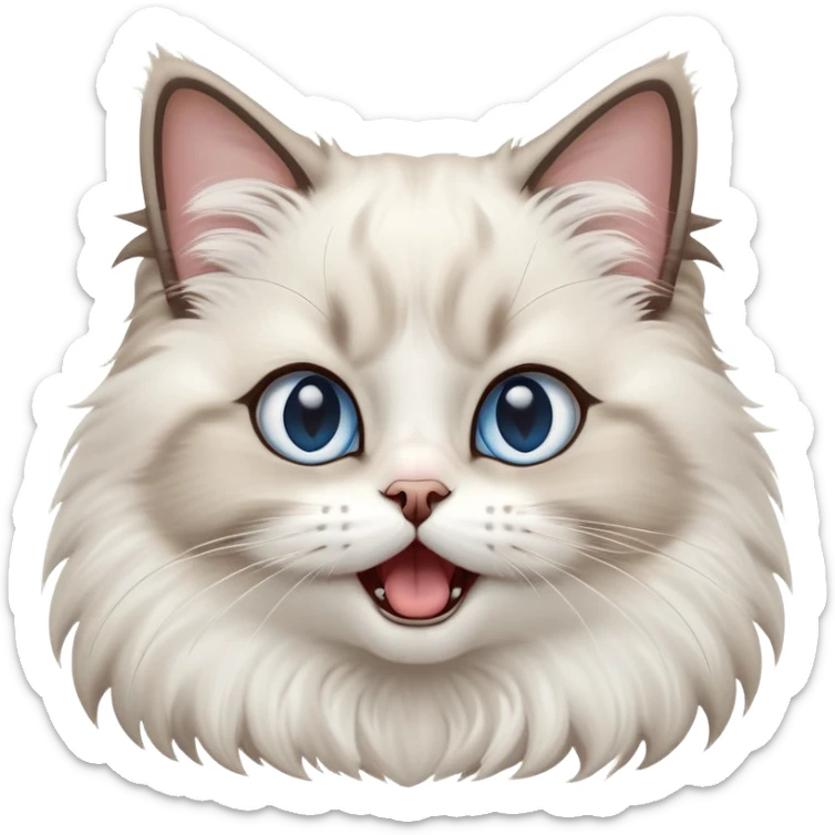 cinematic-adorable-big-eyed-fluffy-ragdoll-cat-portrait-emoji,-head-tilted-playfully-with-a-cute,-exaggerated-yawn,-white and grey fur,-simplified-yet-irresistibly-cute-features, blue eyes sticker