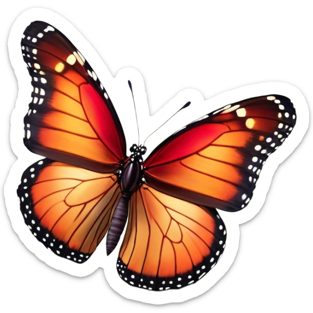 Cinematic Realistic Noble monarch Butterfly Portrait Emoji, Poised and elegant, with delicate, translucent wings rendered in rich ruby and scarlet hues, a slender, graceful body with intricately detailed textures, and soft, reflective eyes, illuminated by natural light, high shine, intelligent and regal, styled with an air of refined natural splendor, focused and attentive, soft glowing outline, capturing the essence of a watchful and confident monarch butterfly that appears to emerge majestically from the screen! sticker