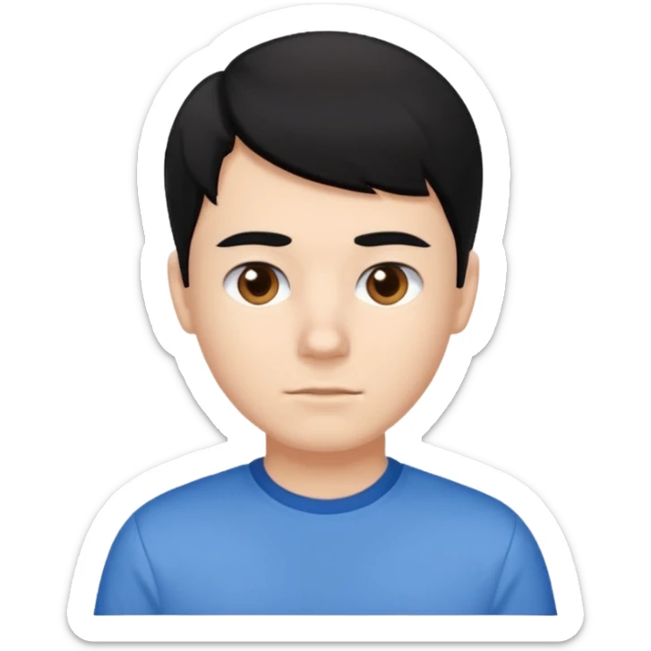 White boy, brown eyes and black hair. With a blue and white shirt sticker