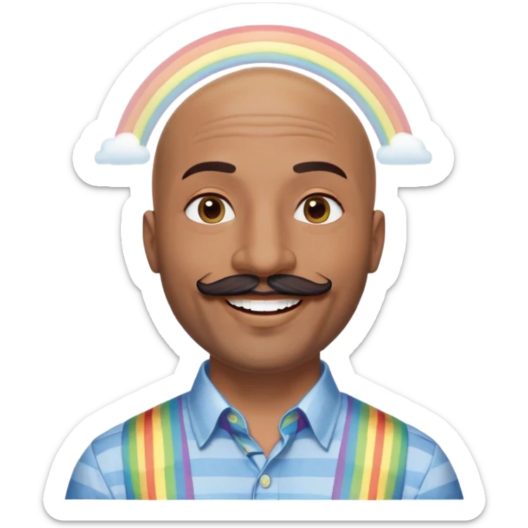 Oxumarê as a very happy and spontaneous smiling 37-year-old bald man with very dark skin, smooth oval head, indigenous facial features, mustache with circular beard only on chin, a round mole on the right side below the lip, wearing a blue striped dress shirt, with rainbow serpent, Memoji style sticker