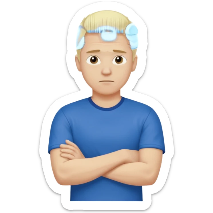 Pale blond man in blue football t shirt crossed arms showing that he is cold sticker