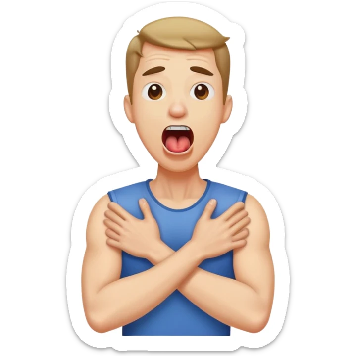 A man screaming with his tongue out and arms crossed are holding his neck. sticker