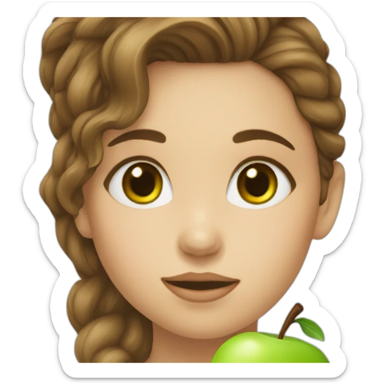 girl with brown hair and green eyes eating an apple sticker