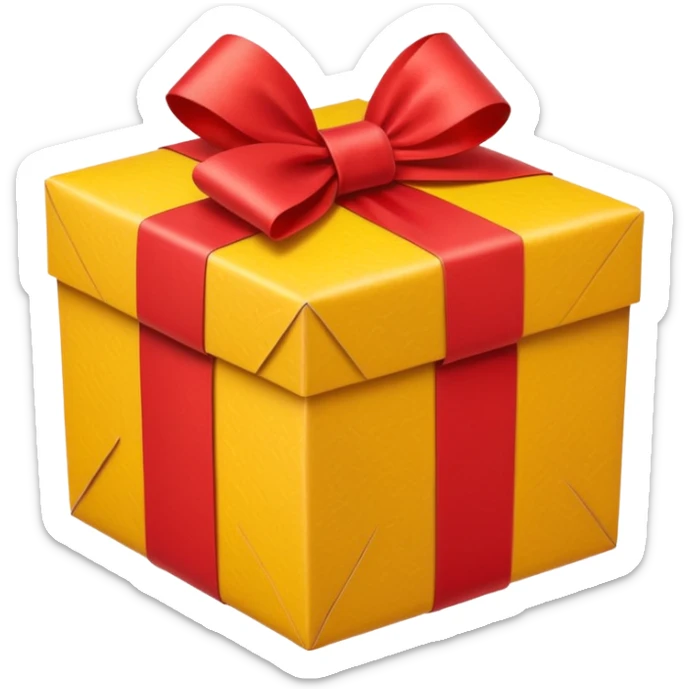 box with yellow wrapping paper and a length of red ribbon surrounding it on the bottom of the ground so you can see most of the box's cardboard sticker