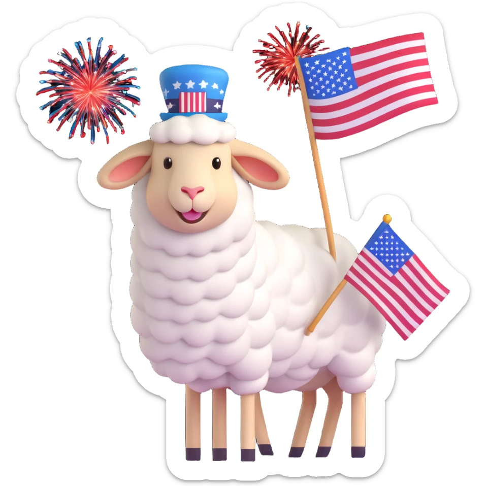sheep emoji wearing a patriotic hat, waving an American flag, with fireworks sticker