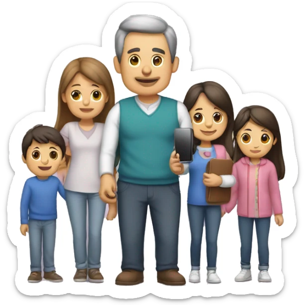 Papá con un iPhone en la mano, con su familia abrazándolo  sticker
