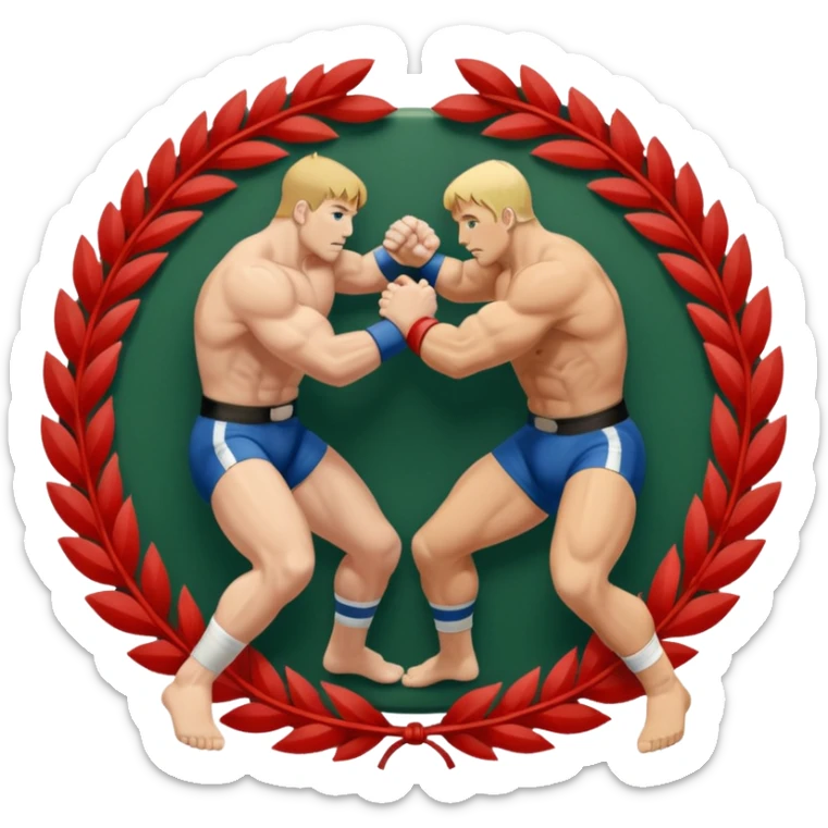 An icon symbolizing wrestling combat sports in the style of an emblem. The design features two wrestlers locked in a powerful grapple, one attempting to take the other down. Surrounding the scene are stylized elements like a championship belt, wrestling mat, and a laurel wreath. sticker