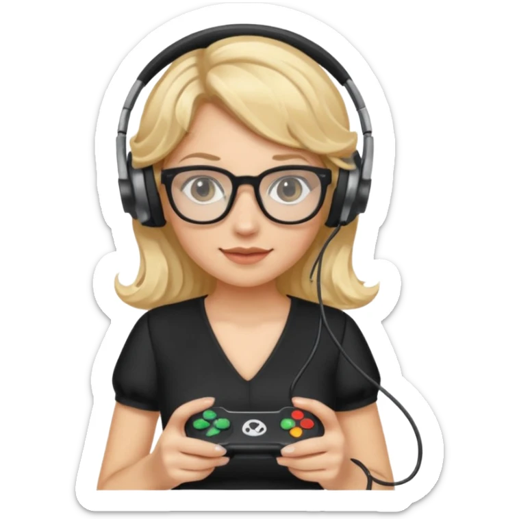
gamer, woman with blond wavy hair, tight black dress with a white line with glasses, headphone, gamepad sticker