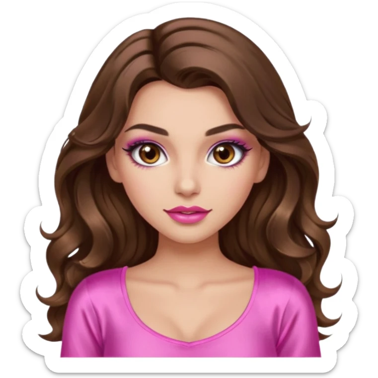 girl with long wavy brown hair, brown eyes, long lashes makeup, sexy pink lips, light to medium complexion, wearing a pink sexy top sticker