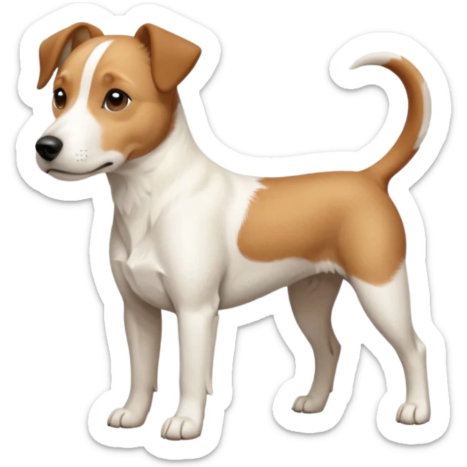 a full body facing front on of a buff white beagle cross jack russell terrier looking dog the size of a kelpie with light brown long ears resting on its face and a light brown patch above one eye and a large snout. the rest of the dog is completely white.  sticker