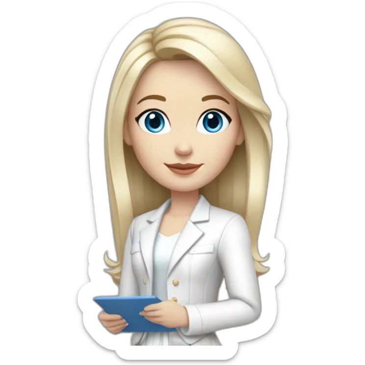 pale skin woman with blonde middle length straight line hair, blue eyes, White classical jacket, Gray Palazzo pants holding a color palette in the hands sticker