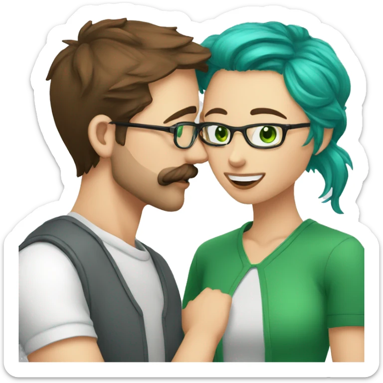 A man with brown hair blue eyes and a mustache is kissing a green haired girl who is thin with green eyes and wearing glasses sticker