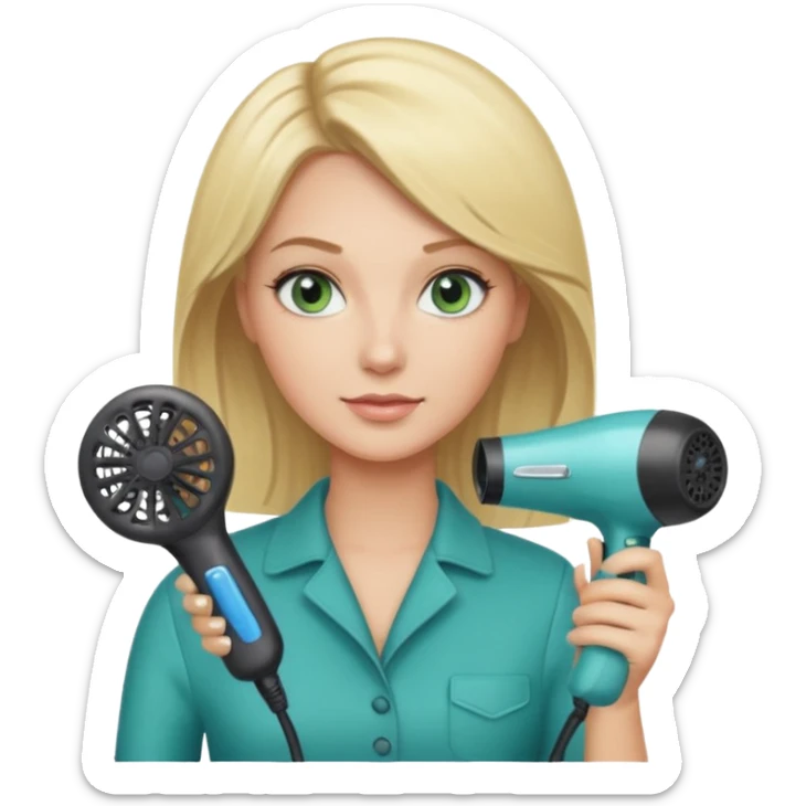 Blonde bob girl hair stylist with blue green eyes holding a hair dryer sticker