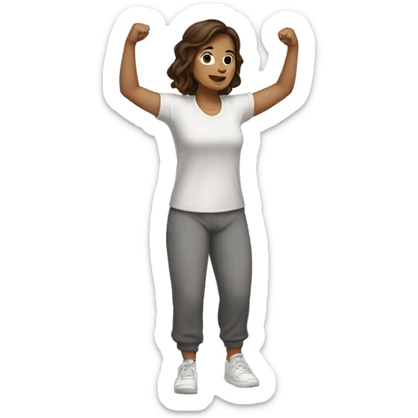 A woman in sweatpants and a t shirt standing up, full body view she is holding her arms out as if se is handing someone something, brown hair sticker