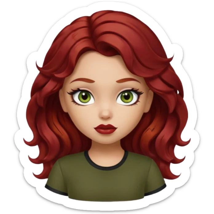 a pretty fair bratz girl with wavy dark red hair, wearing a black tee. eyeliner on, olive green eyes. Waist up sticker