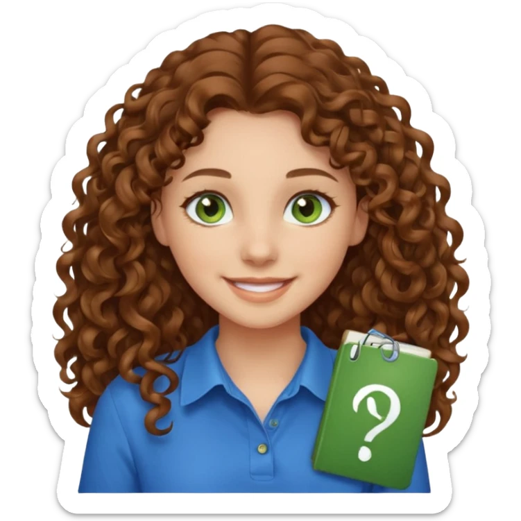 girl with brown hair, green eyes with a blue shirt no background ,young with curly hair smileing long hair sticker
