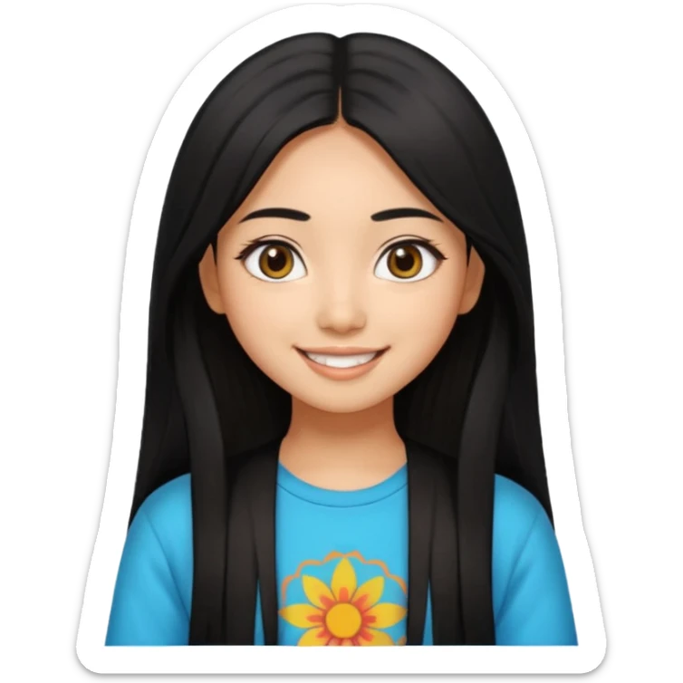 20 yr old asian woman hair trendy clothes center part big eyes big smile tanned skin straight black hair hippie part hair  sticker