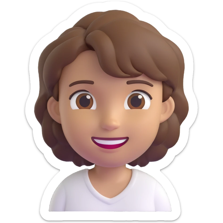 3D emoji style character with short tousled brown hair, smiling, light skin, white shirt sticker