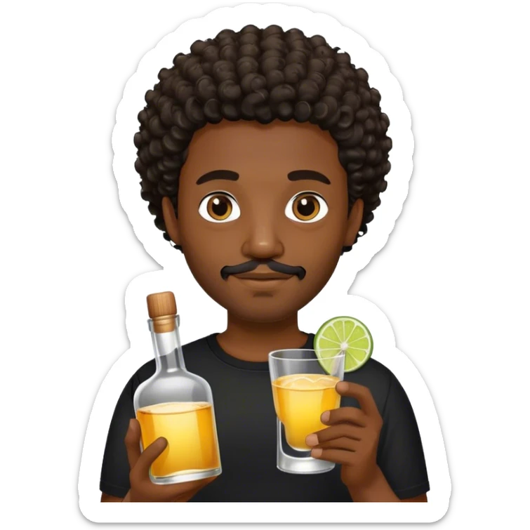 dark black guy, short curly hair, facial hair, holding tequila, black shirt  sticker