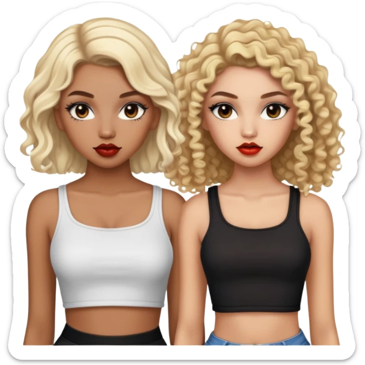 Two teenage girls together, one white with straight blonde hair and one brown-skinned with curly dark hair, both with heavy makeup, big lips, crop tops and choni style clothing sticker