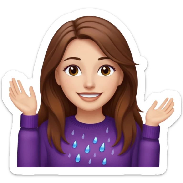 white woman with long brown hair and brown eyes, in a sweater, enjoying the rain, with makeup sticker