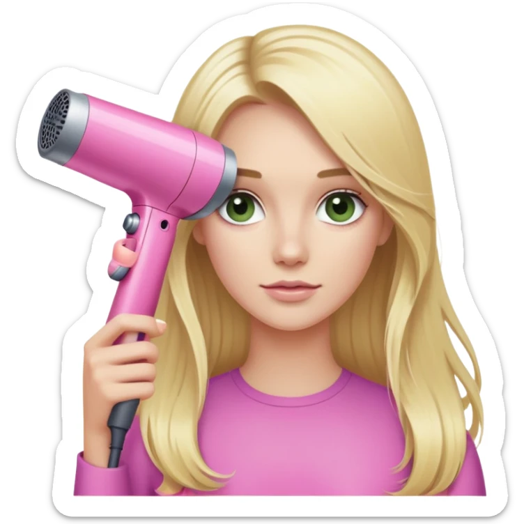blonde with long hair and swamp eyes holding a pink Dyson hair dryer sticker