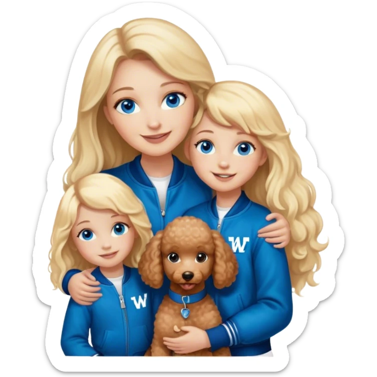 smiling mother in letterman jacket with W and Blue eyes, two Little girls Long blond straight hair and Blue eyes and one brown poodle puppie sticker