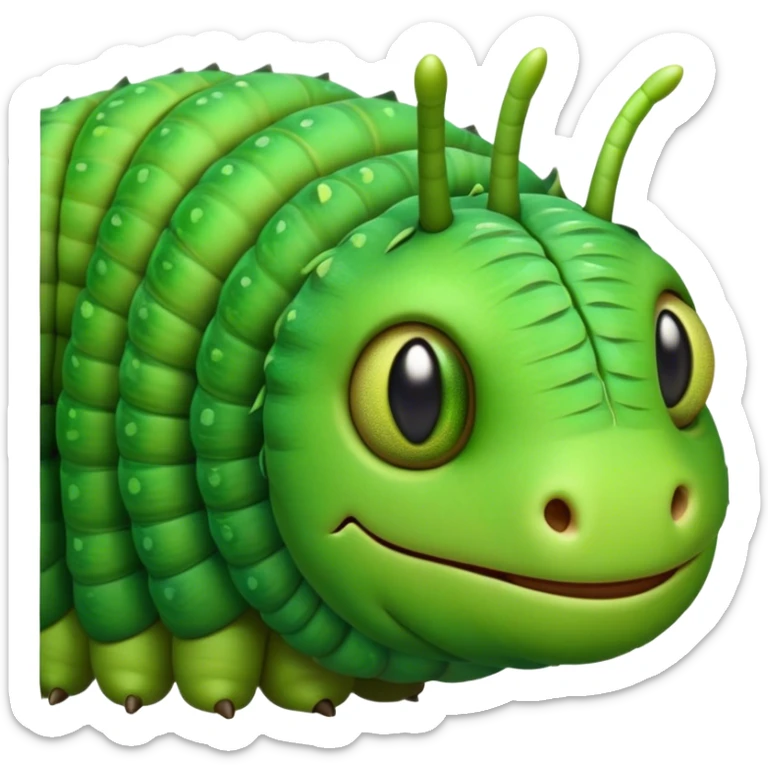 Cinematic Realistic Noble Caterpillar Portrait Emoji, Poised and serene, with a slender, segmented body covered in vivid, detailed green scales accented by subtle natural patterns, and a tiny, focused face with delicate, inquisitive eyes, rendered with lifelike texture and soft natural lighting, high shine, intelligent and delicate, styled with an air of woodland elegance, focused and attentive, soft glowing outline, capturing the essence of a watchful and confident looper caterpillar that appears ready to inch gracefully out of the screen with natural authority! sticker