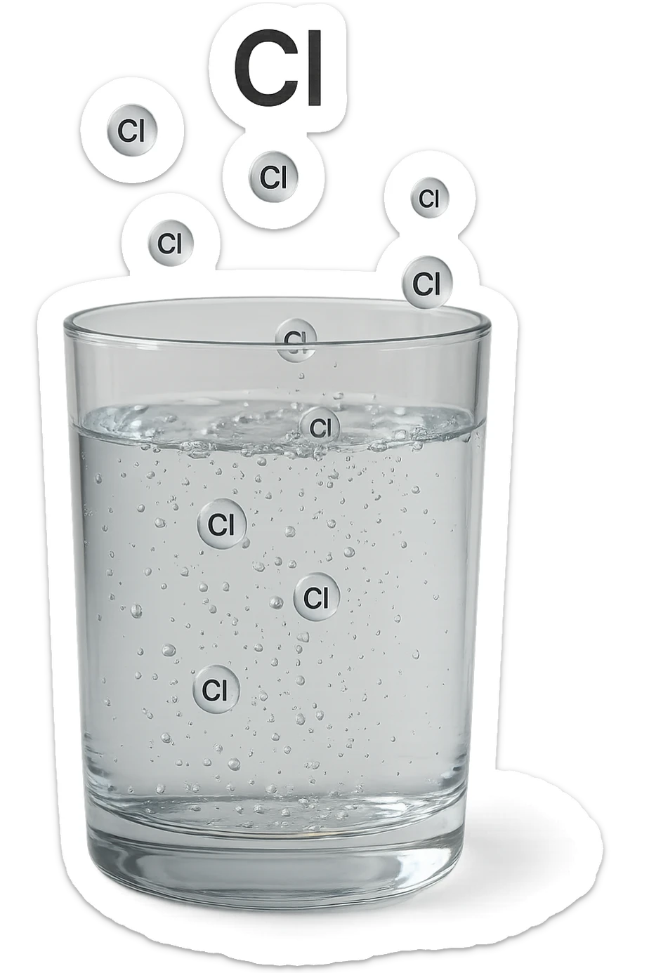 un bicchiere di acqua fluttua in aria realistico e dettagliato, dentro l'acqua del bicchiere ci sono particelle di cloro ben visibili con la scritta "Cl" sopra, ci sono particelle anche che escono dal bicchiere e fluttuan
o in aria verticalmente, mentre alcune sono all'interno dell'acqua nel bicchiere, iperrealistico 4k sticker