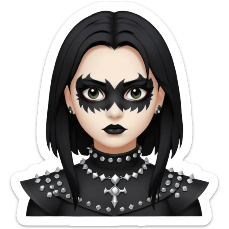 Crea una ragazza con stile black metal,  paint face black metal, capelli neri mossi dalle spalle e occhi bianchi e un collare con borchie a punta sticker