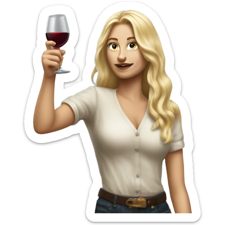 Blonde women with LONG HAIR holding Wine, ,POINTING YOU FORWARD with her HAND with INDEX FINGER, Hyper Realistic sticker