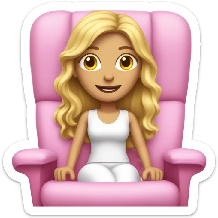 White woman, long hair, blonde hair, wavy hair, pink sun chair sticker